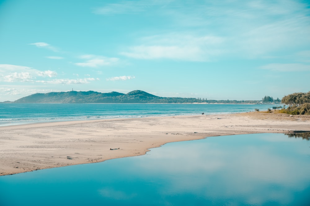 a body of water sitting next to a sandy beach