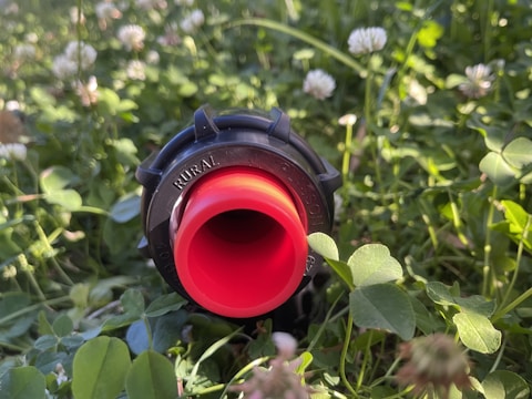 A red nozzle or pipe fitting is positioned horizontally among dense patches of green clover and grass. The surrounding vegetation has white clover flowers, and sunlight creates a warm and natural ambience.