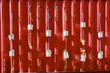 Several tin cans are suspended with colorful strings against a red corrugated metal wall. Each can contains small green plants, creating a vertical garden.