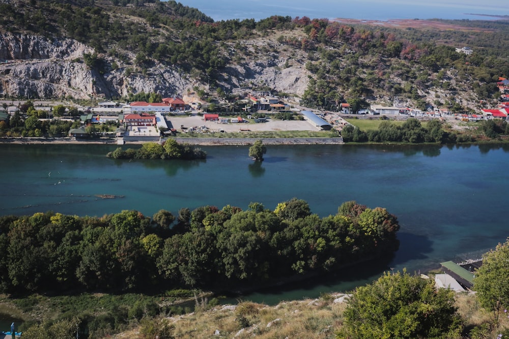 a large body of water surrounded by trees