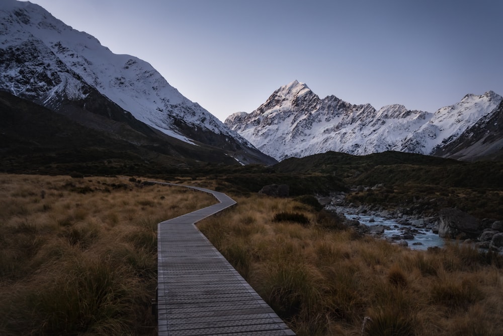 a wooden walkway leading to a mountain lake