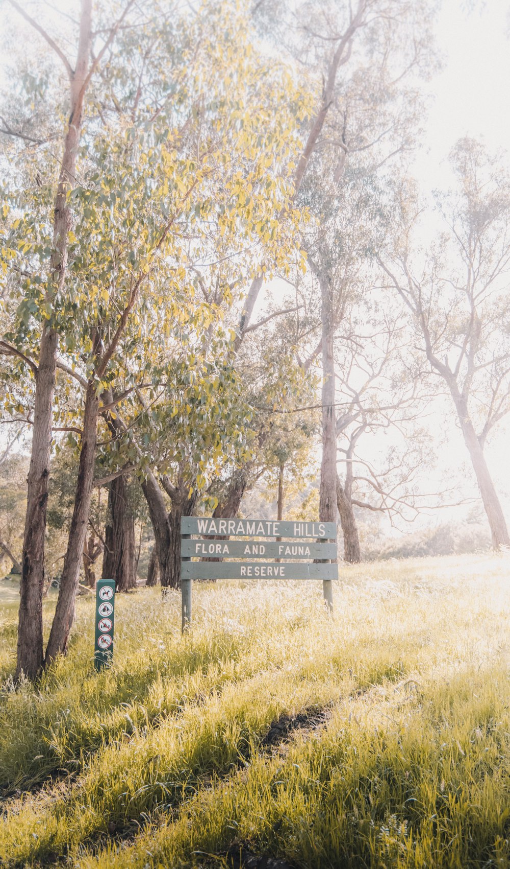 a sign in a grassy area with trees in the background