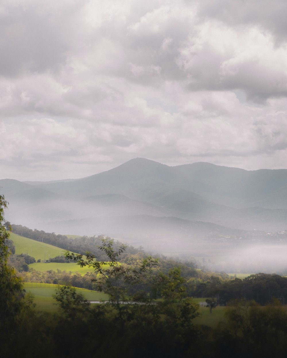 a view of a valley with mountains in the background