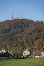 A scenic view of a peaceful village with internet towers gently blending into nature.