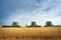 a couple of people standing in a field next to a couple of large green farm