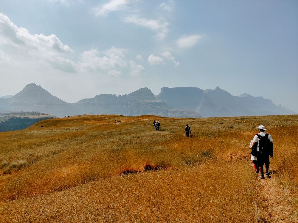 a group of people walking across a grass covered field