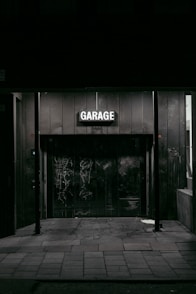 a black and white photo of a garage