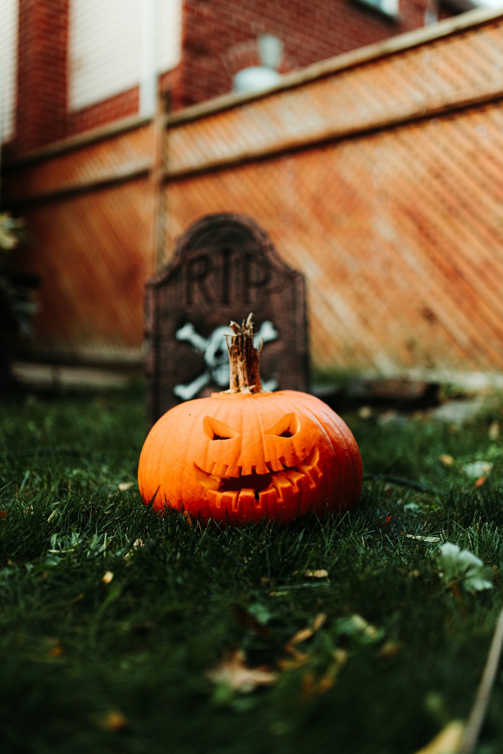 a pumpkin sitting in the grass in front of a building