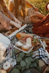 A picnic setup on a blanket featuring various foods such as pizza, sliced oranges, grapes, nuts, and charcuterie items. Several people are seated around, though their faces are not visible. Green foliage and a vintage camera are also present, contributing to a relaxed outdoor atmosphere.