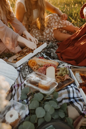 A picnic setup on a blanket featuring various foods such as pizza, sliced oranges, grapes, nuts, and charcuterie items. Several people are seated around, though their faces are not visible. Green foliage and a vintage camera are also present, contributing to a relaxed outdoor atmosphere.