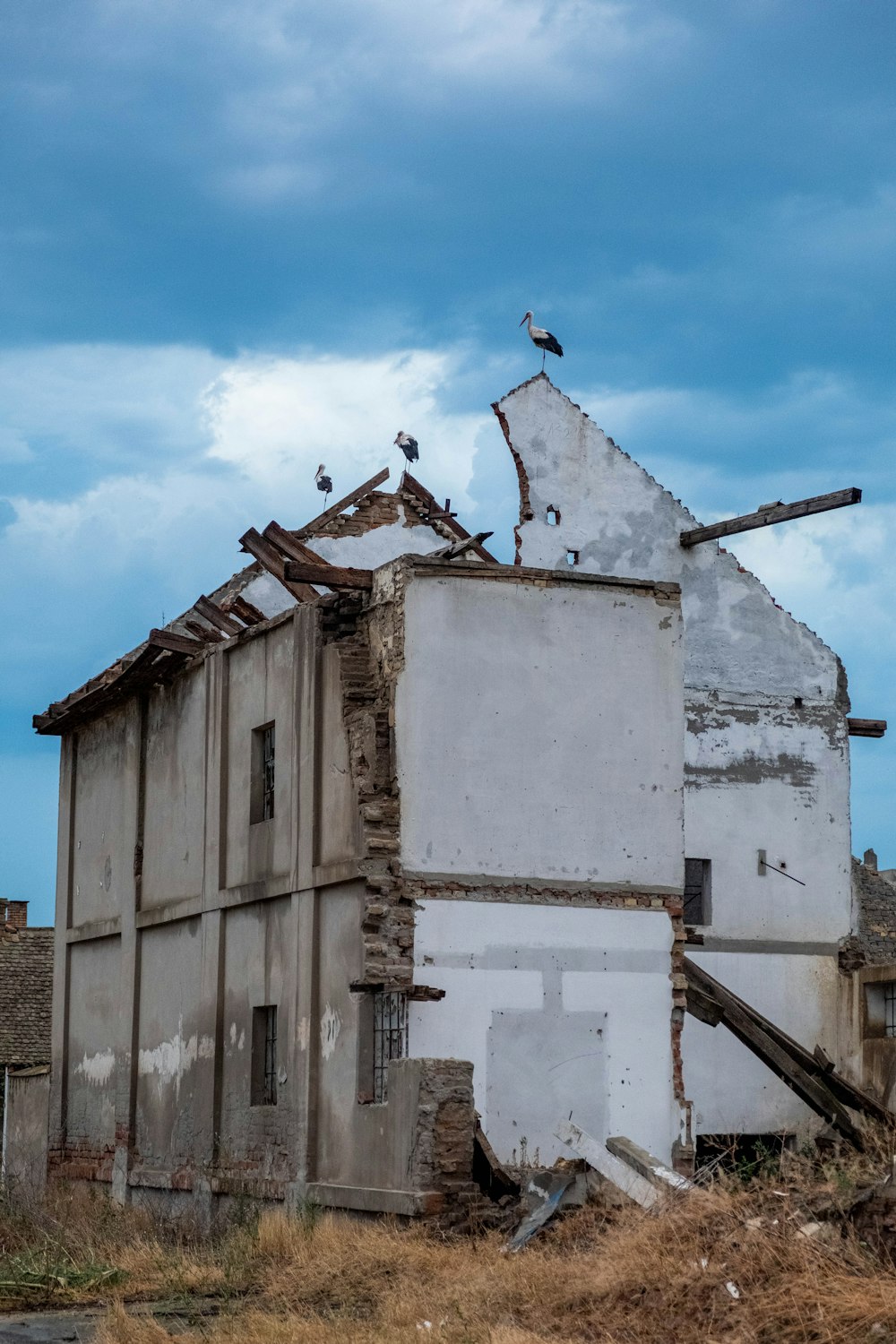 an old building with a bird sitting on top of it