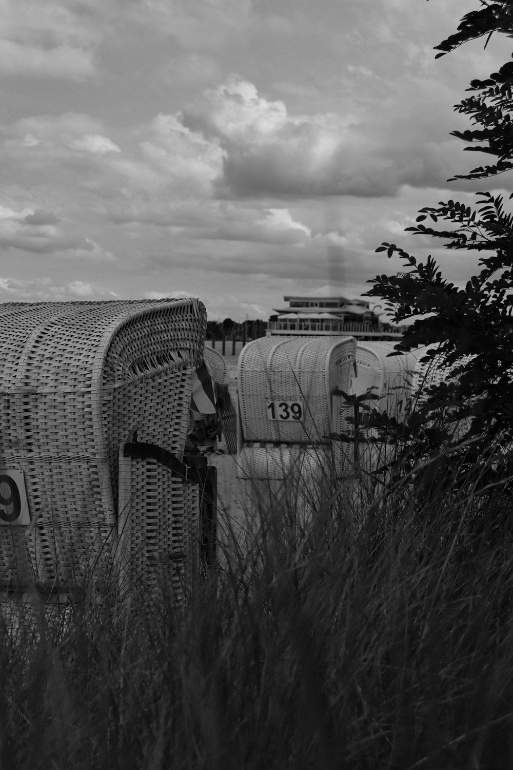 a black and white photo of some baskets
