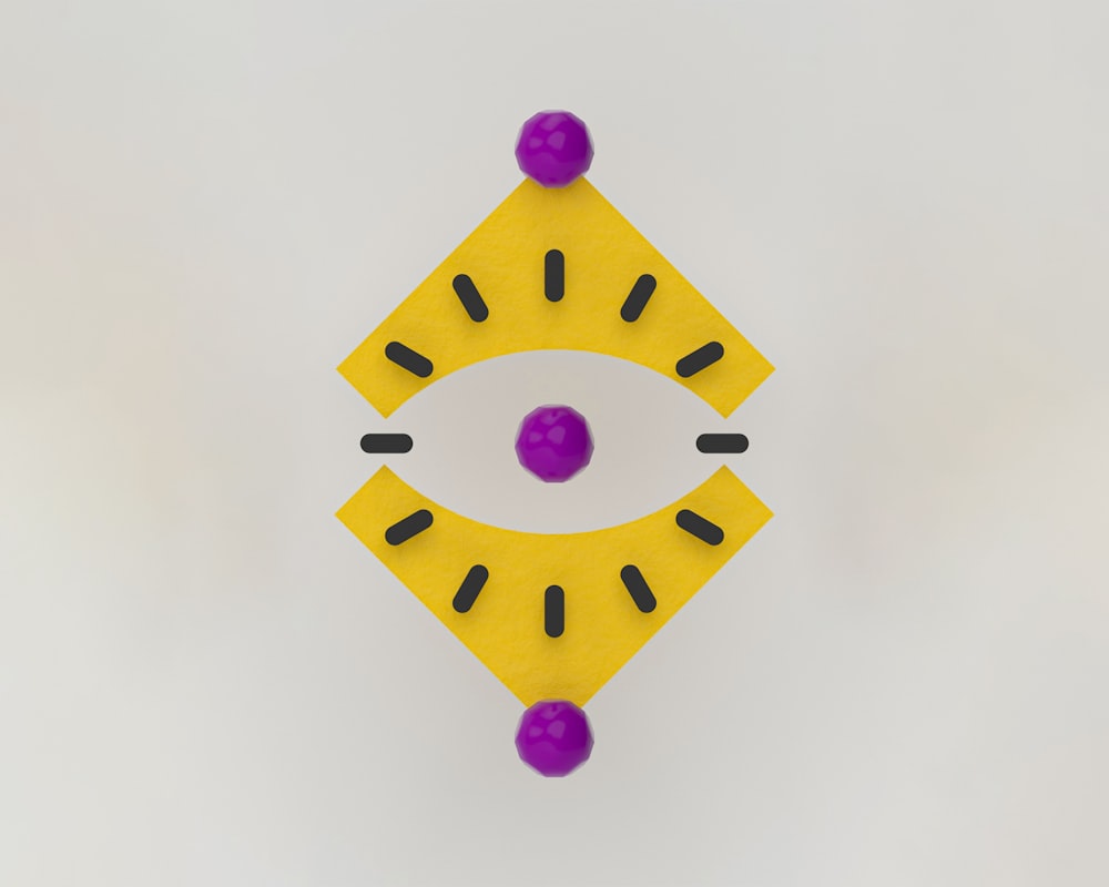 a yellow and purple object with black dots