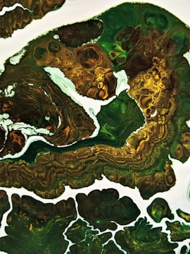 An abstract painting featuring swirling patterns with a mix of earthy tones, primarily greens and browns, combined with white accents. The image has a fluid, marbled texture that resembles natural elements such as rocks or foliage.