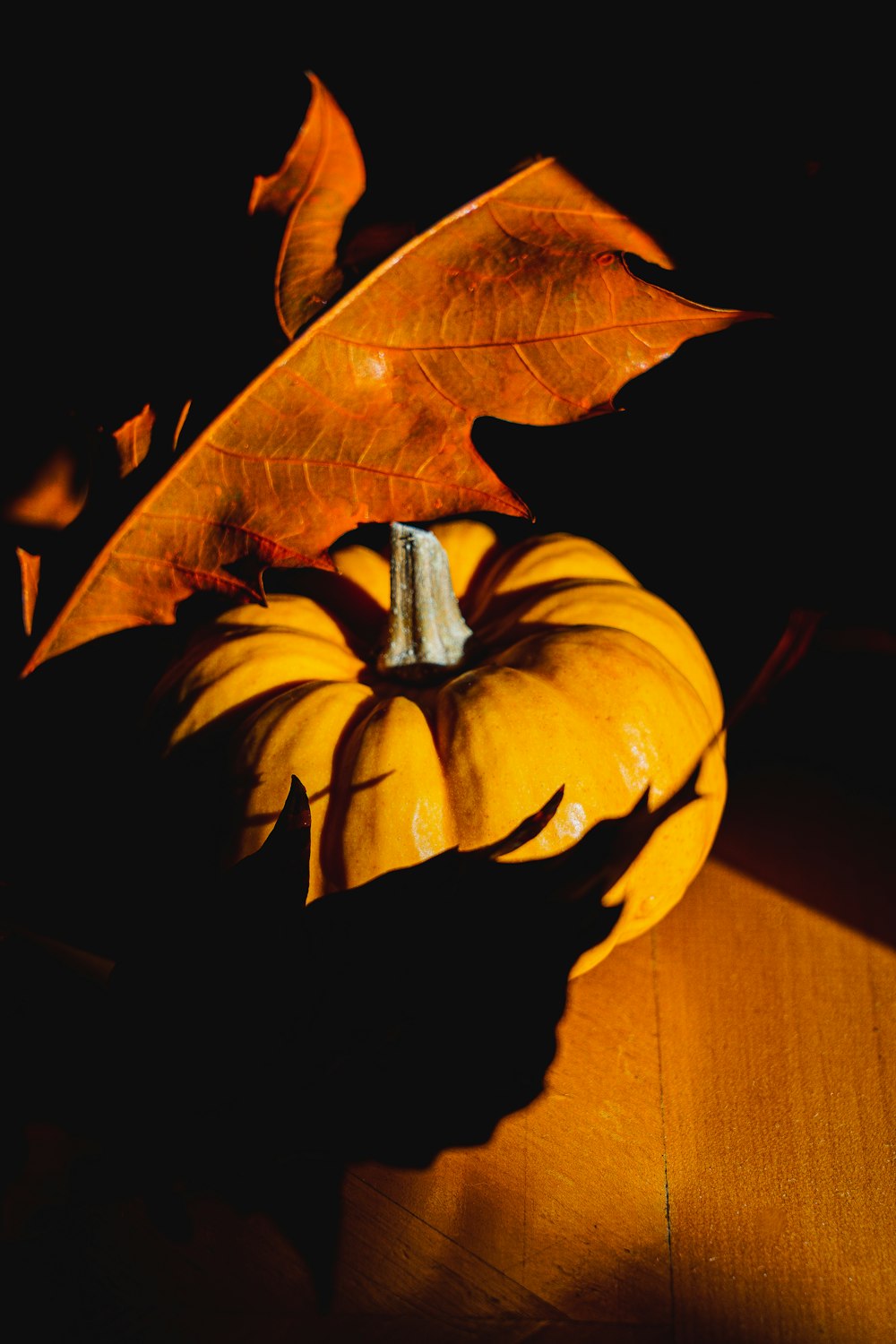 a small pumpkin with a leaf on top of it