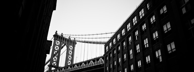 A cropped angle shot of a bridge and brick buildings in black and white