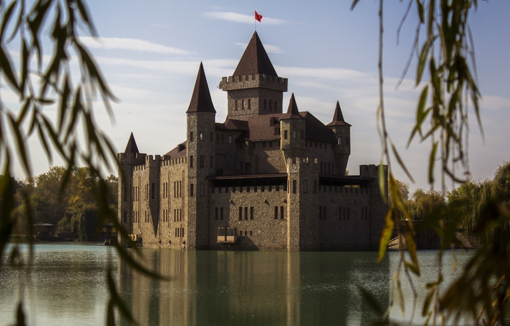 um castelo sentado no topo de um lago cercado por árvores