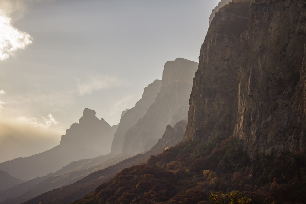 a mountain side with trees and mountains in the background