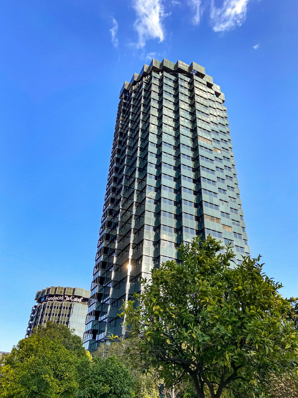 a very tall building sitting next to a lush green park