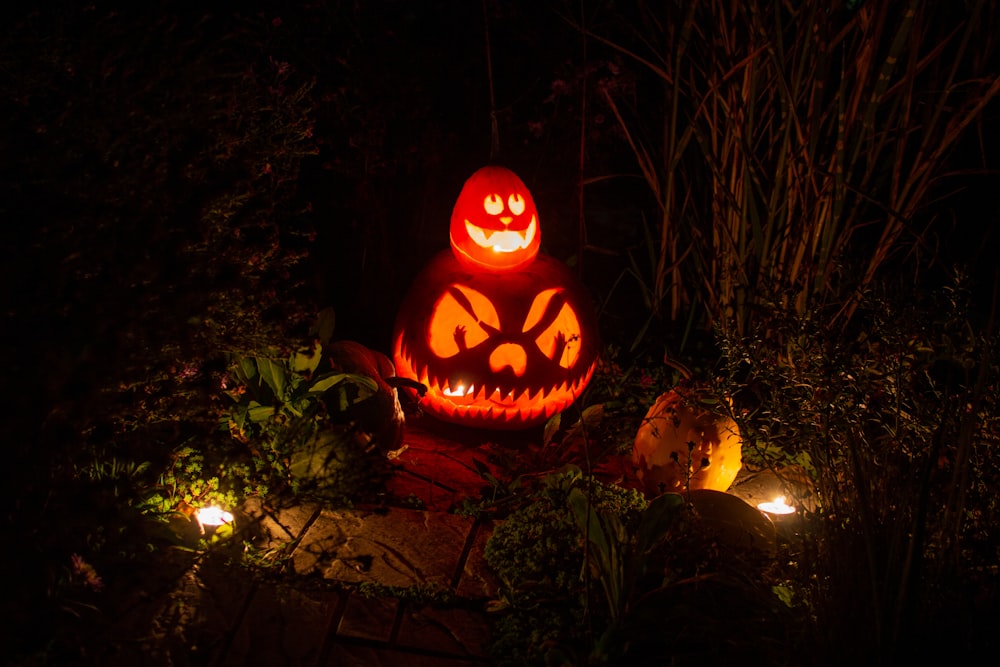 a carved pumpkin with a jack o lantern on it