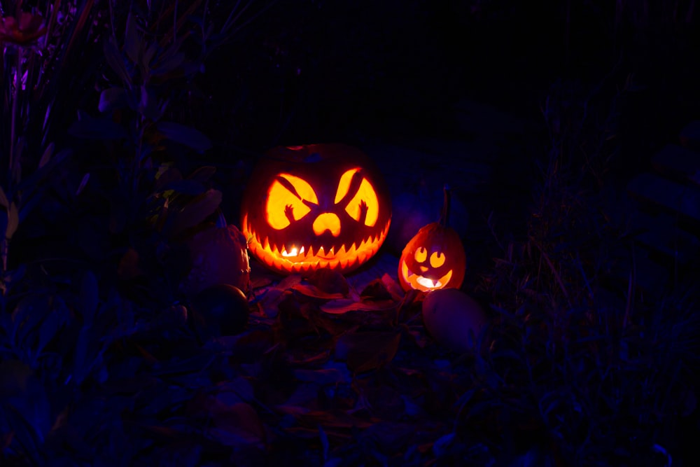 um par de abóboras jack o lantern iluminadas no escuro