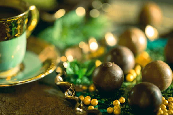 Close-up of a luxurious chocolate brigadeiro with gold dusting on a dark elegant plate