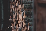 A stack of neatly arranged chopped firewood logs is visible, with varying shades of brown and hints of green moss on the bark, suggesting a rustic and natural setting. The logs are cut into uniform pieces, indicating they are prepared for use as firewood.