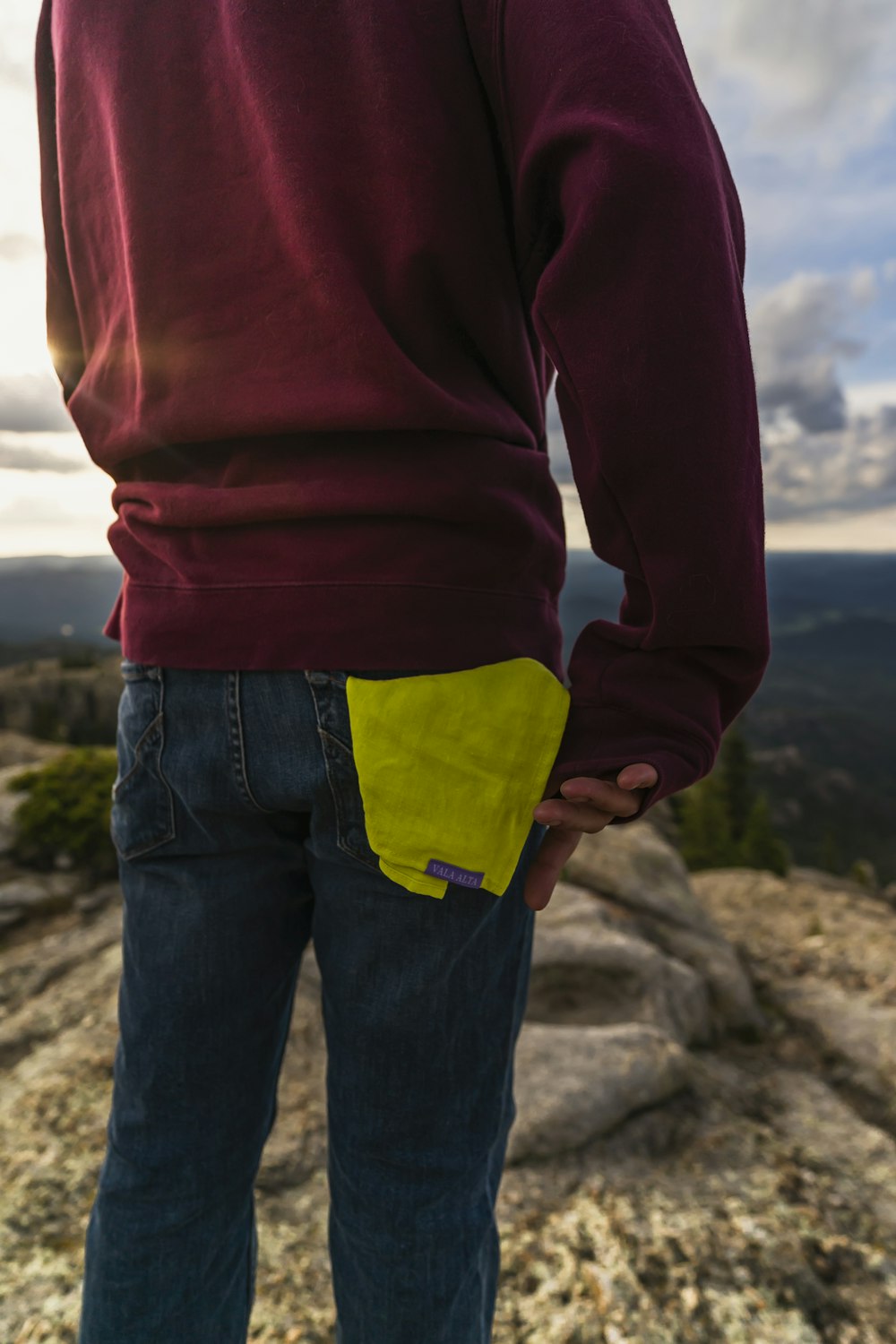 a man standing on top of a mountain with his back to the camera