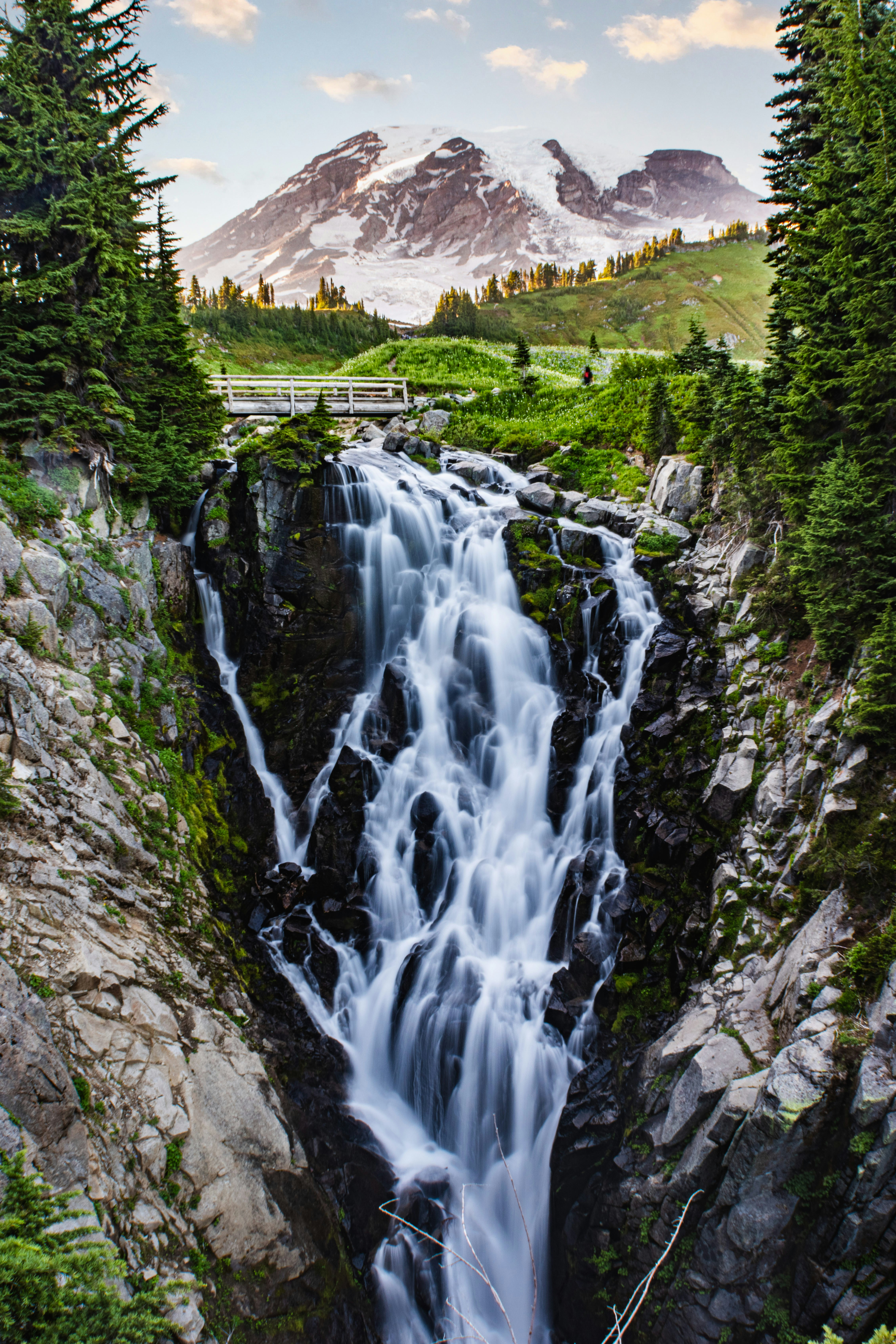 A waterfall with a bridge in the middle of it photo – Free Waterfall ...
