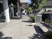 A small dog on a leash walks along a concrete sidewalk next to a bench under a tree. A shop with glass windows and a signboard outside is visible on the left. Several cars are parked on the street nearby. The setting appears urban with sunlight casting shadows on the ground.