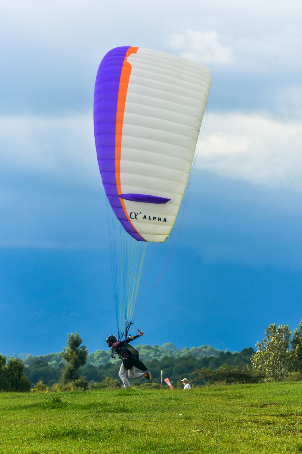 a man flying a large kite in a field