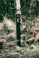 A well-used backpack leaning against a weathered wooden signpost marking a trailhead.