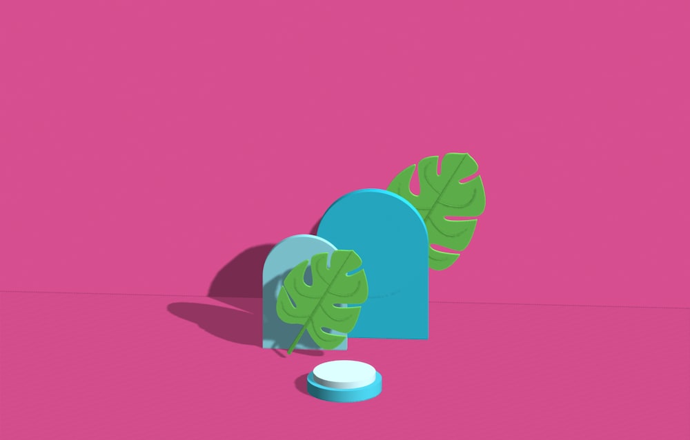 a pink background with a green plant and a blue vase