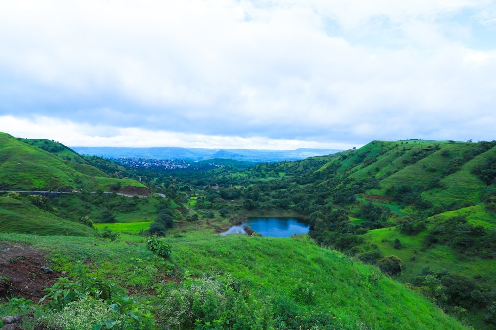 a lush green hillside with a lake in the middle