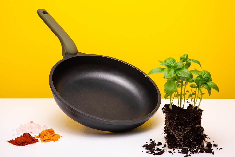 a potted plant next to a frying pan on a table