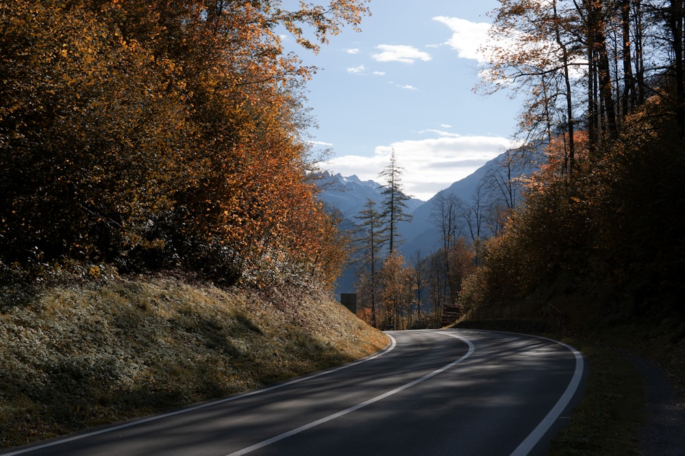 a curved road with a mountain in the background