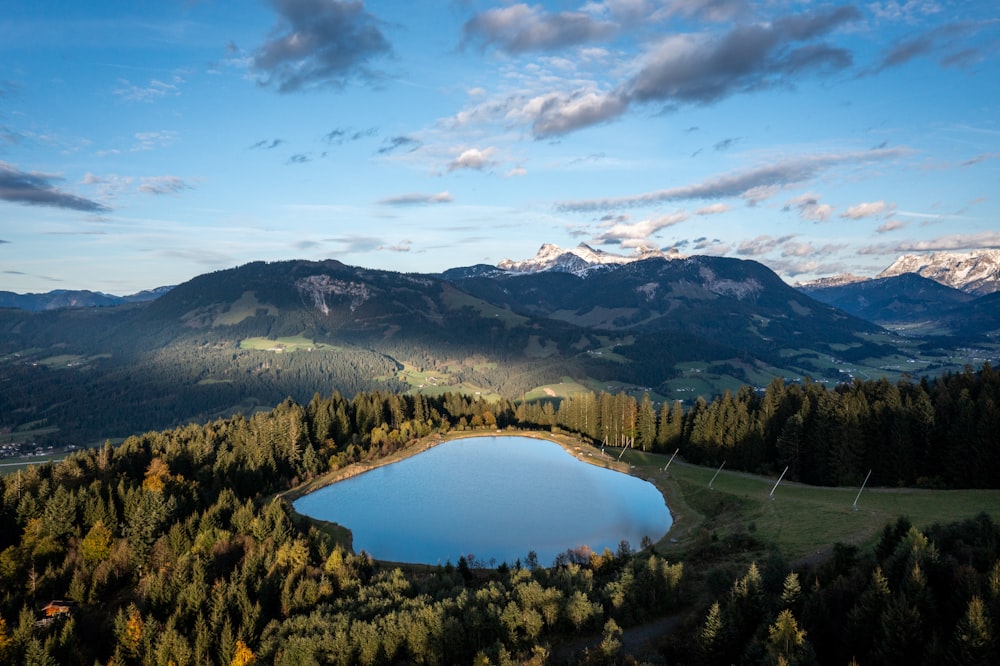 a small lake surrounded by trees and mountains