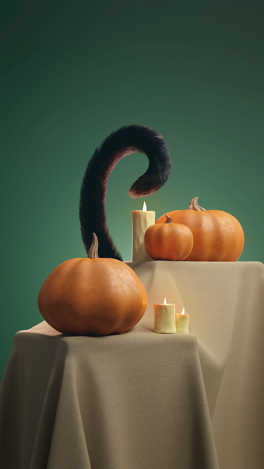 Una pintura de calabazas y velas sobre una mesa