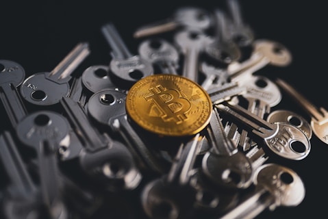 A golden Bitcoin coin is centered among a pile of metallic keys, symbolizing digital security and financial access.