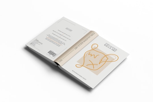 A book with a minimalist cover design featuring abstract line art in yellow on a light background. The title, 'EXPLANATION KILLS ART', is prominently displayed. The book is open, showing parts of the front and back cover.