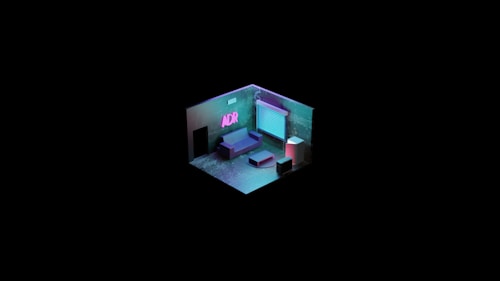 A stylized, small isometric room with a neon-lit ambiance, featuring a sign reading 'ADR' on the wall. The room includes a sofa, a small table, and other minimal furniture. The lighting casts vibrant blue and pink tones, creating a futuristic, cyberpunk feel.