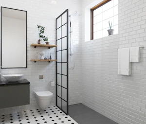Bathroom with a toilet, sink and shower