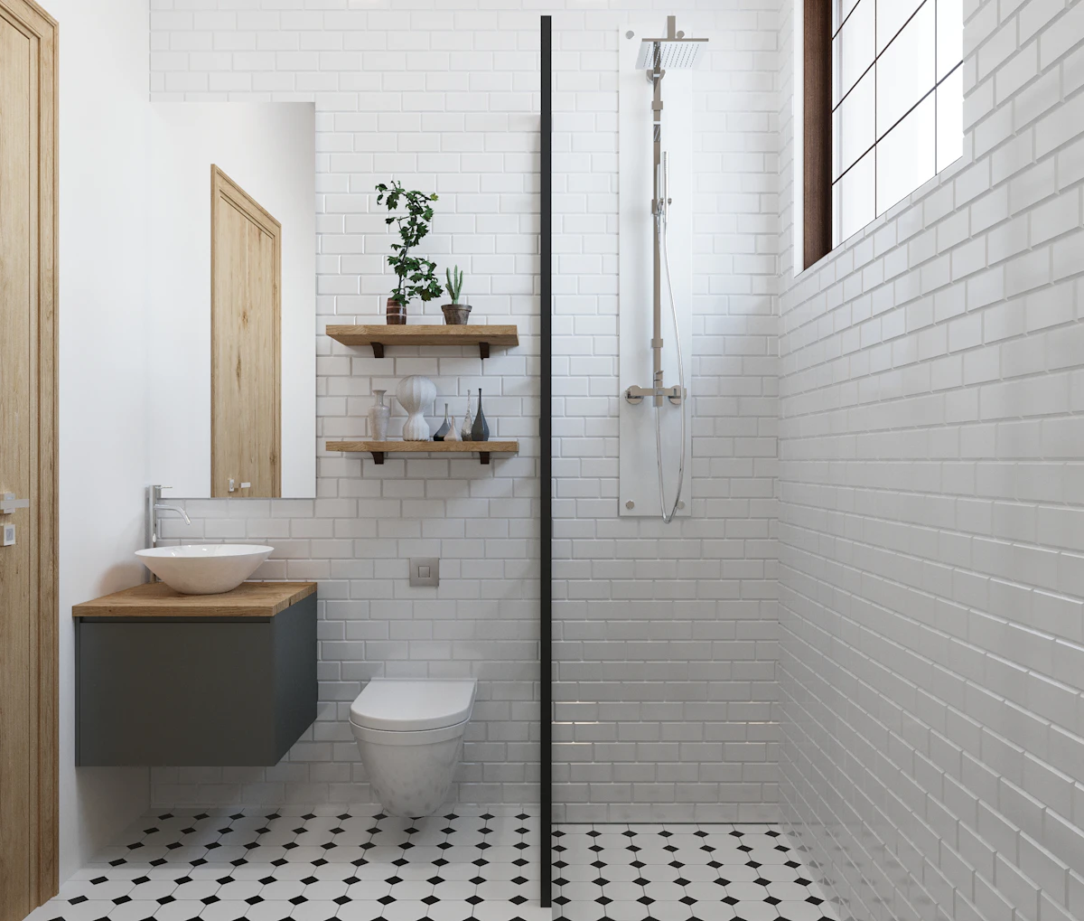 A bathroom with a black and white checkered tile floor.