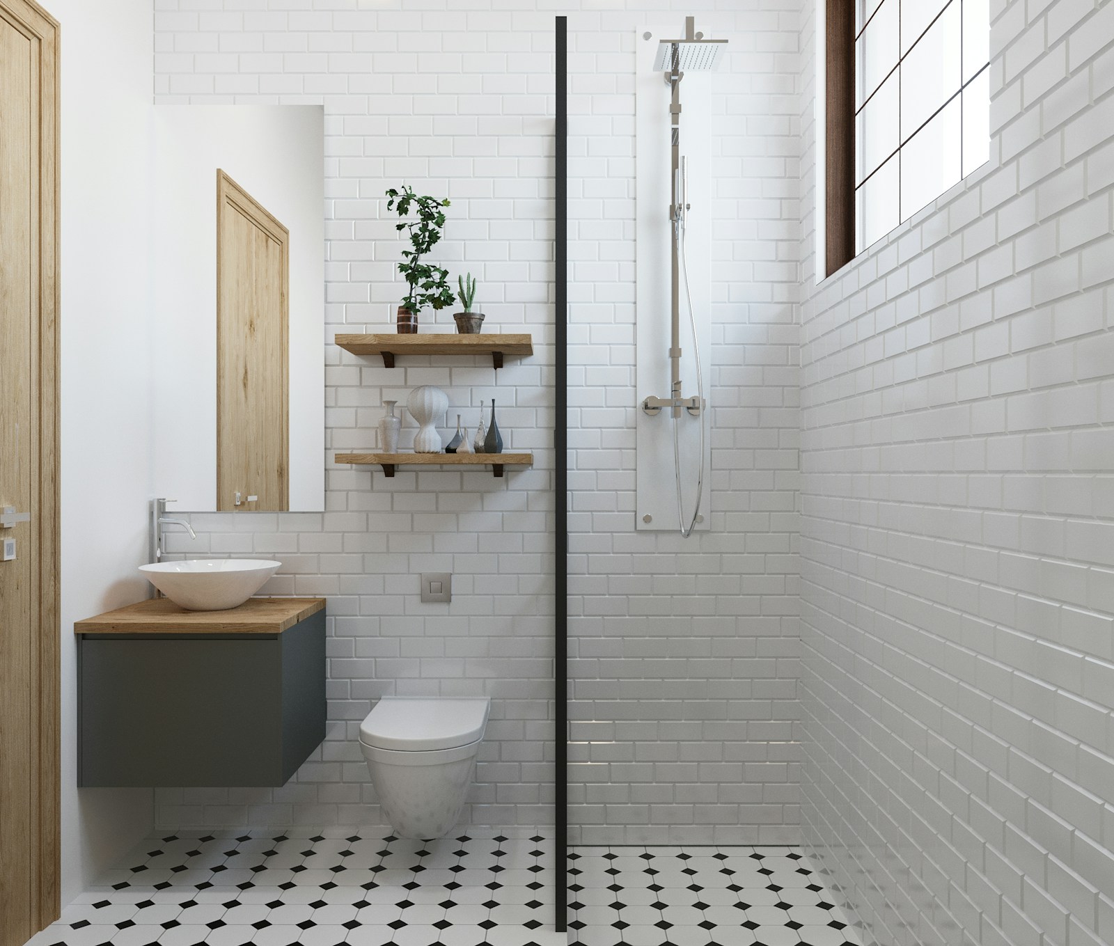 small apartment bathroom with subway tile floating shelves and plants