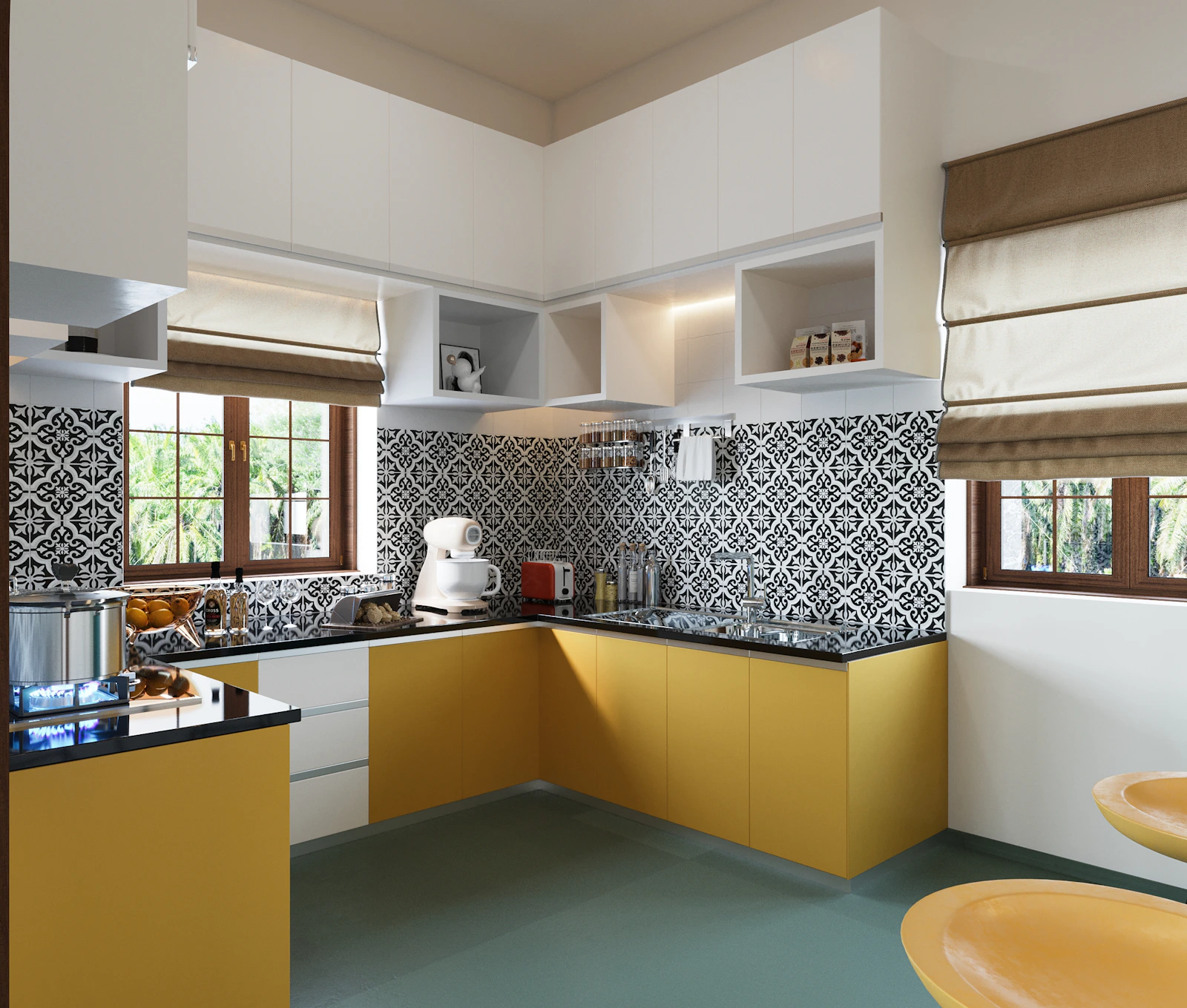 Kitchen counter with three chairs arranged along a bright yellow island