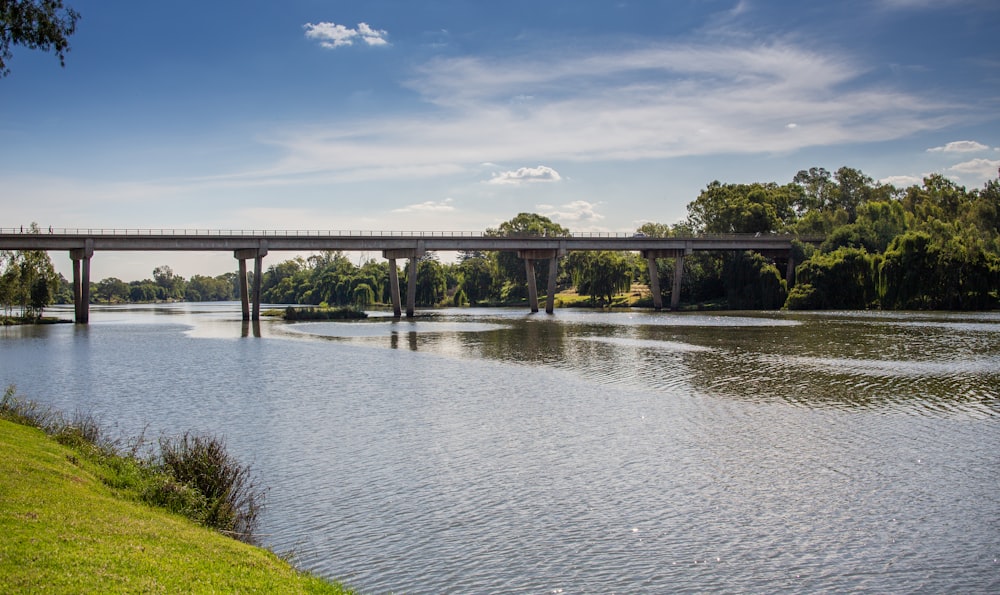 a bridge over a body of water next to a lush green field