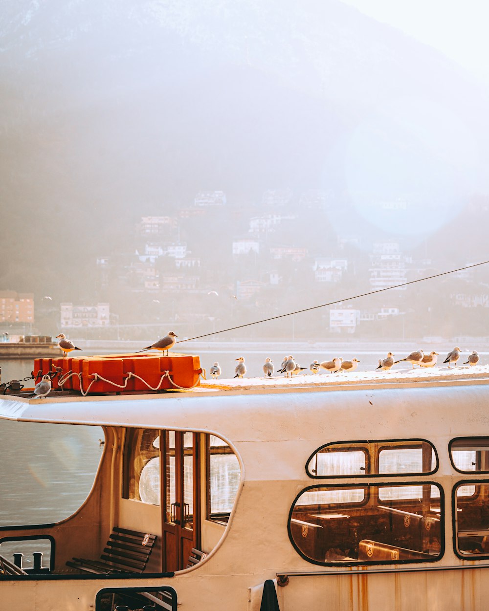 a white bus parked next to a body of water