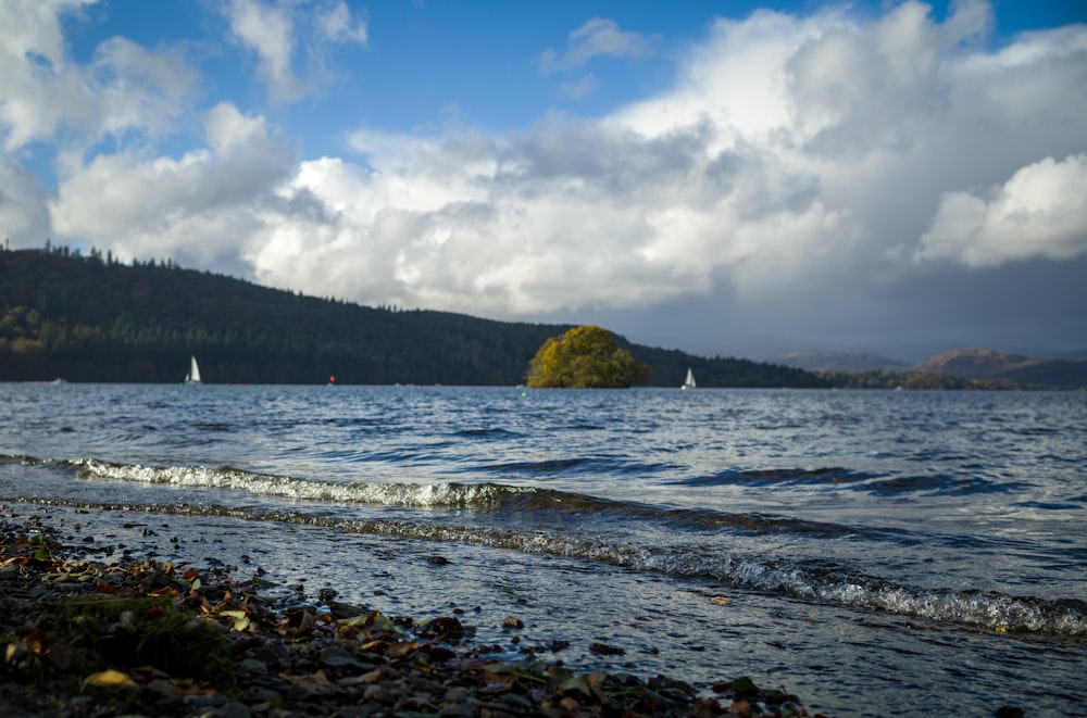 a body of water with a small island in the distance