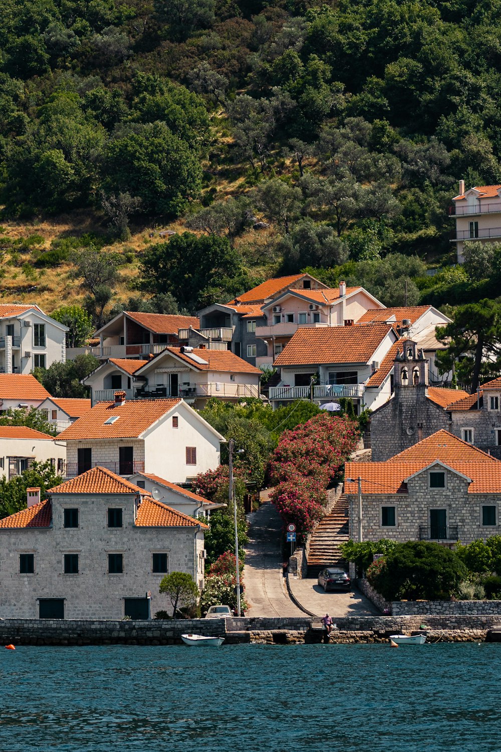 a view of a town from the water