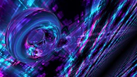 A dynamic digital artwork featuring geometric shapes and vibrant neon colors.
